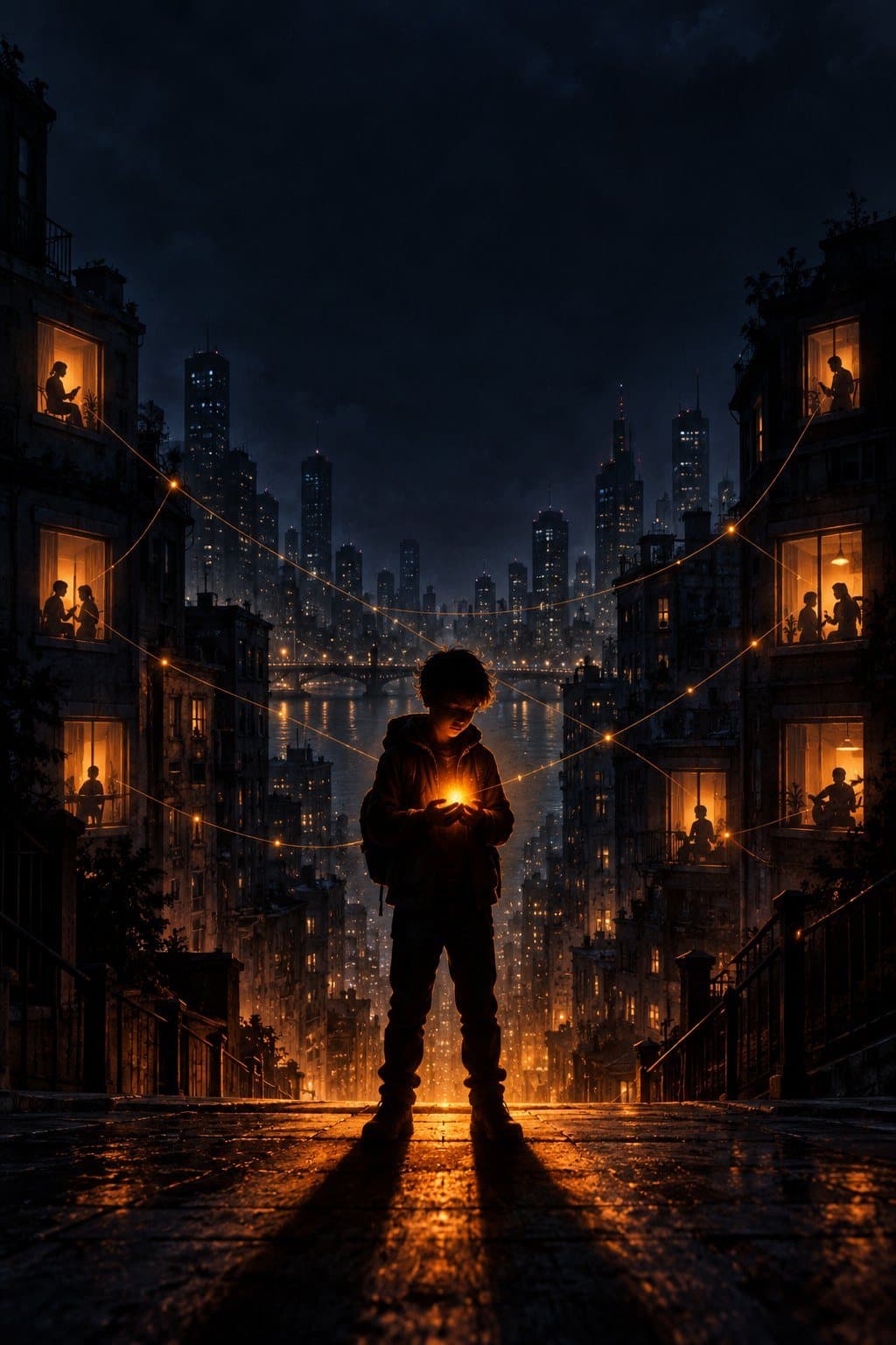 A kid in a dark city holds a glowing ember; faint lines of light connect the people in the windows.