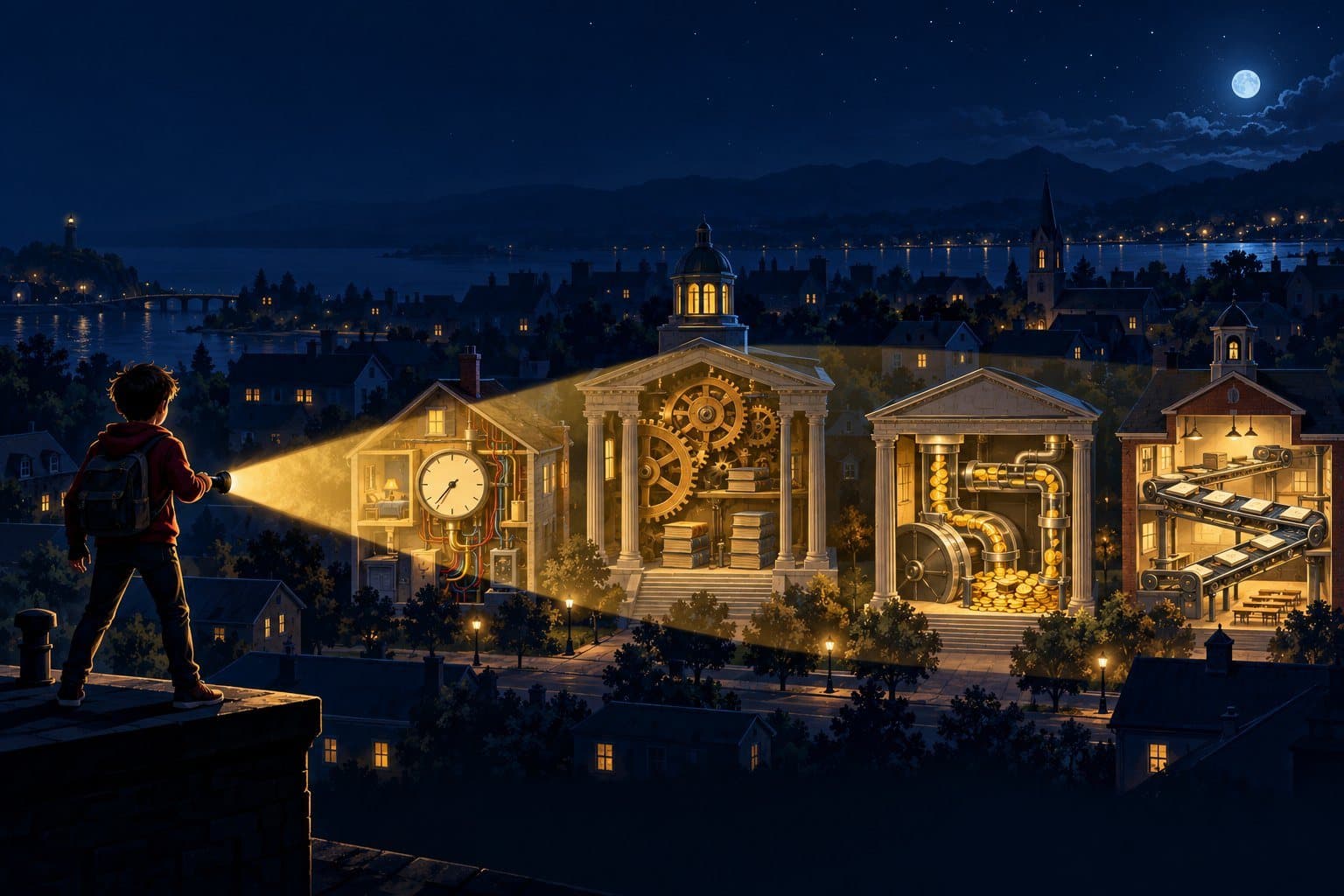 A kid on a rooftop at night shines a flashlight across a town; inside the beam, the buildings show their hidden machinery.